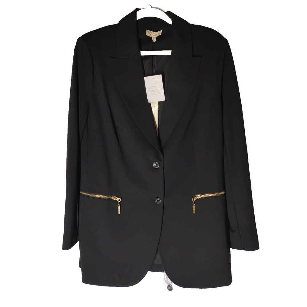 NWT Vintage DG2 LARGE 2 Button Black Blazer Jacket Preppy Gold Zipper Pockets